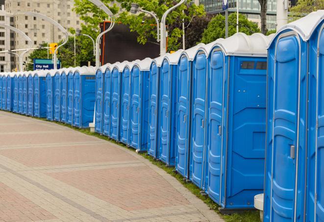 a line of portable restrooms set up for a wedding or special event, ensuring guests have access to comfortable and clean facilities throughout the duration of the celebration in Alturas